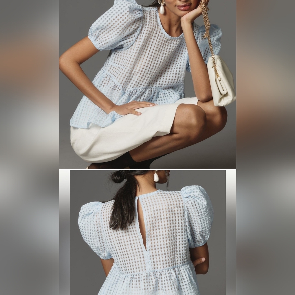 Maeve Anthropologie Semi Sheer Blue Blouse NWT L